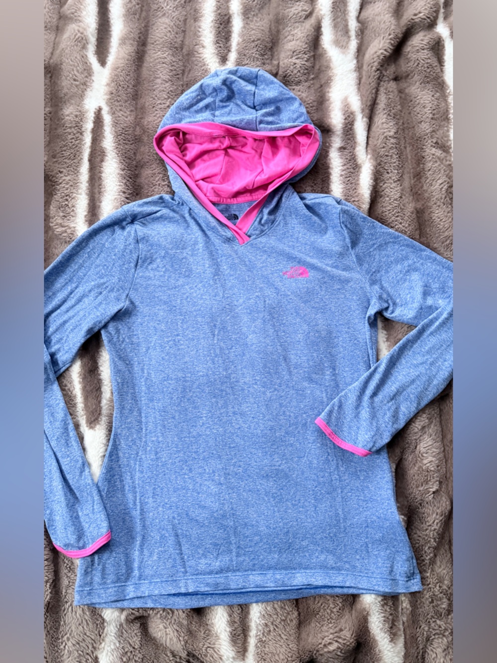The North Face Blue Heather Hoodie with Pink Trim